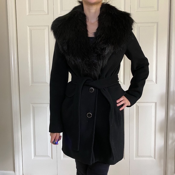 calvin klein faux fur trim wrap coat